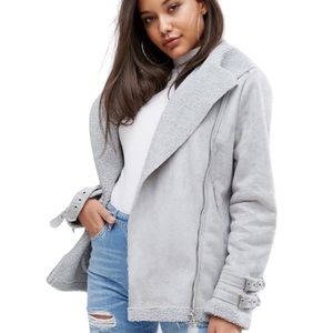 Grey Faux Fur Shearling Aviator Coat Jacket